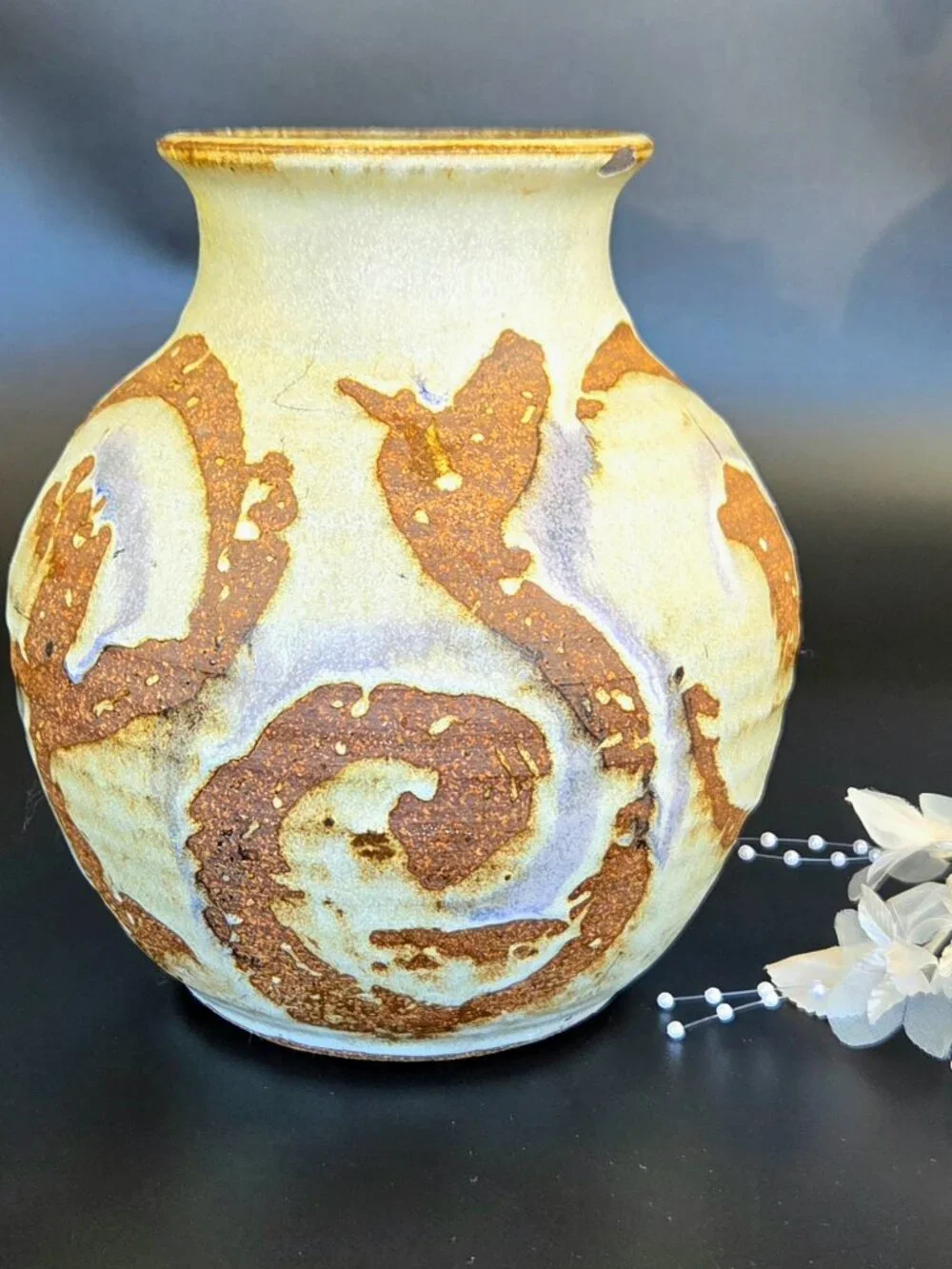 Antique 1918 Handmade Stoneware Pottery Vase – Cream & Brown – Signed